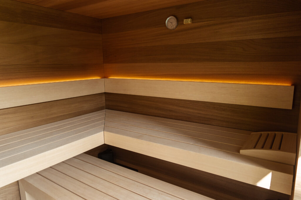 Detail of benches in the TAO sauna