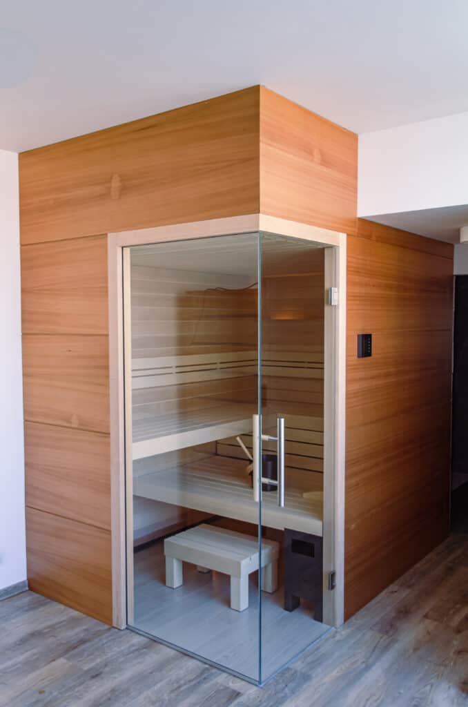 Original TAO sauna with a glass corner door