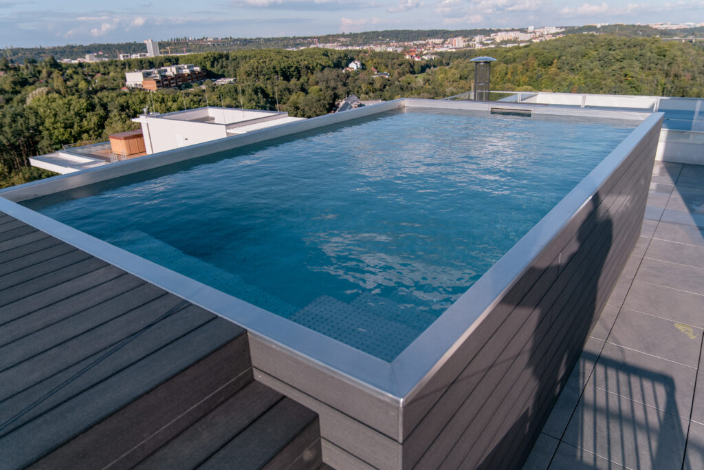 Unique IMAGINOX stainless steel pool on the rooftop of the apartment complex